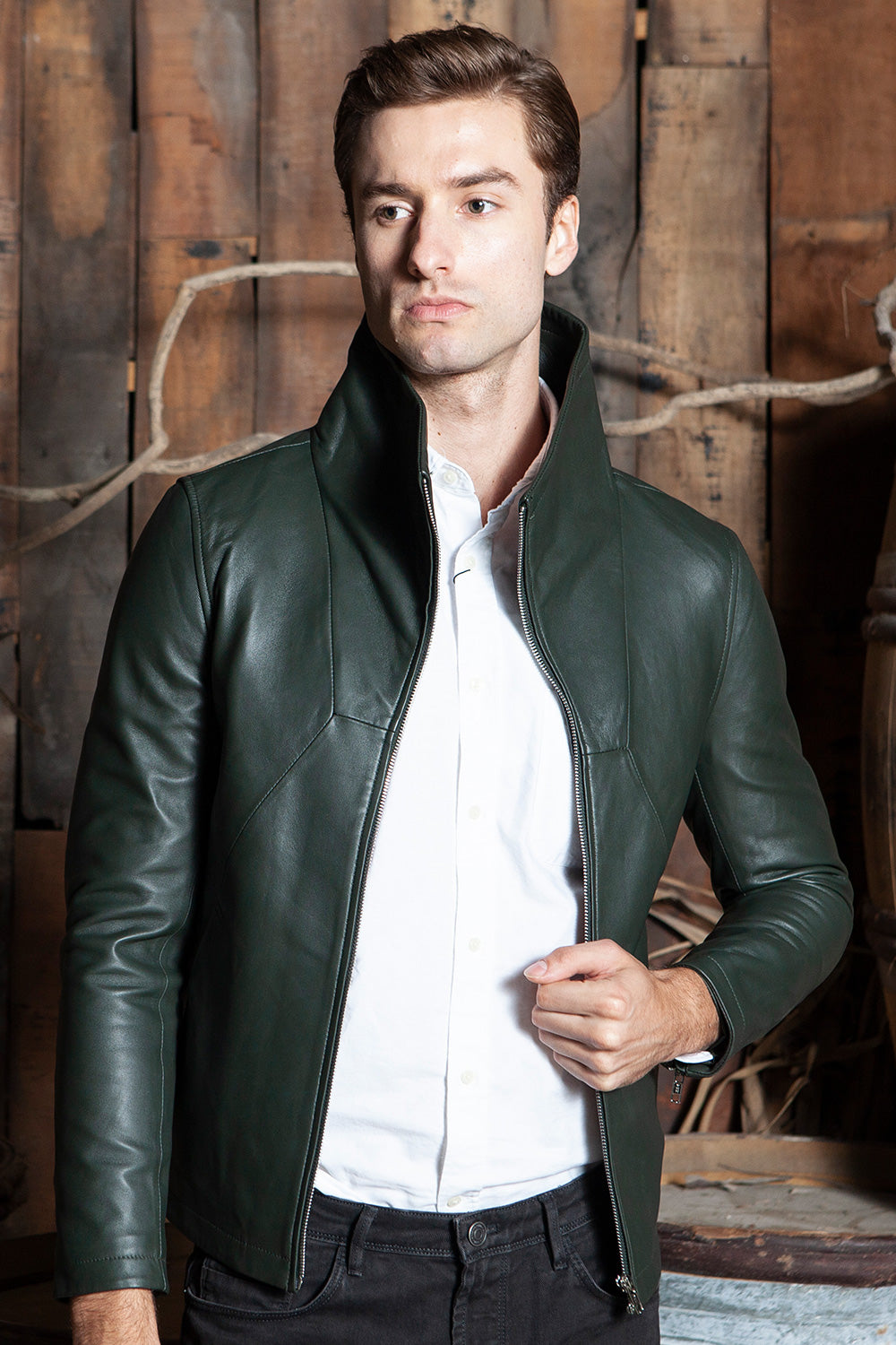 COLLAR墨綠高領羊皮外套