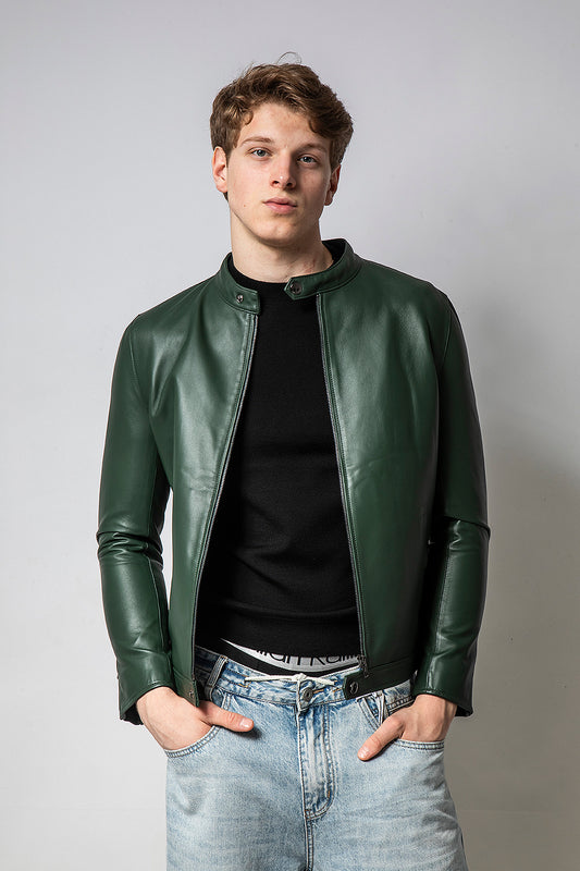 OLIVE墨綠利落經典皮外套