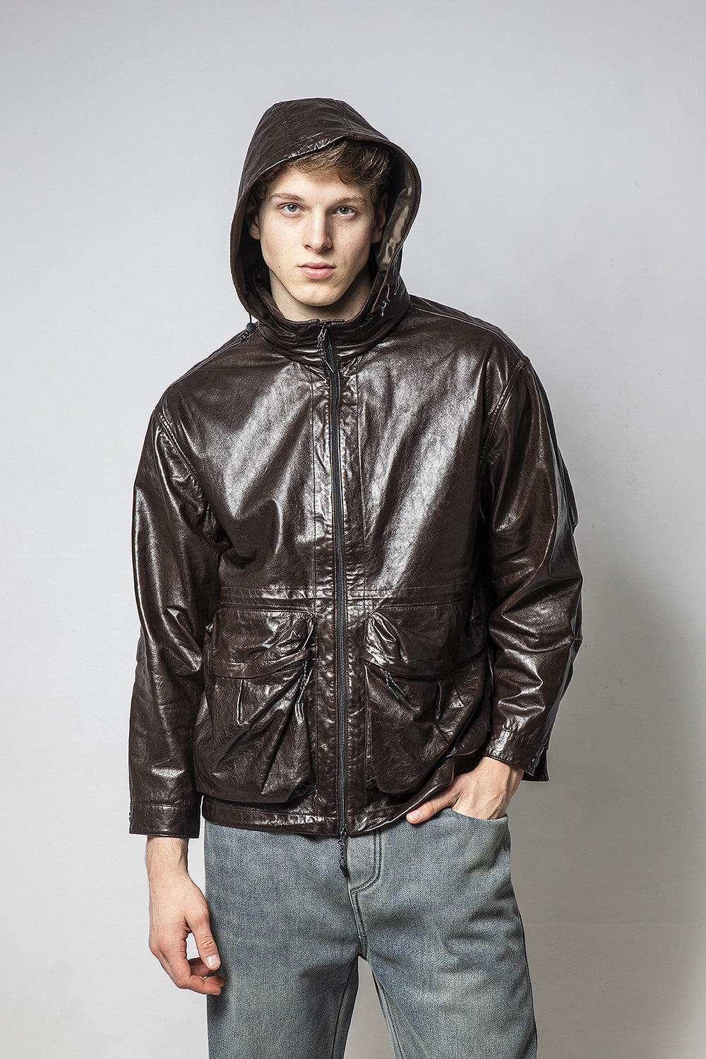 PHANTOM 連帽深咖亮皮羊皮外套