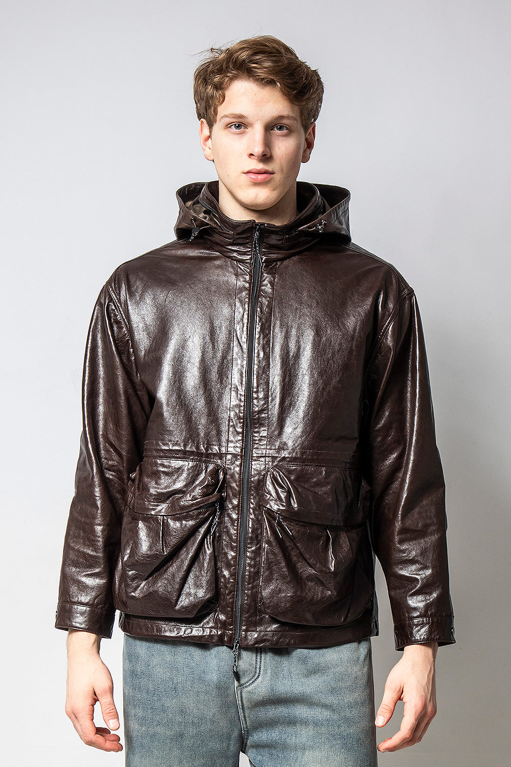 PHANTOM 連帽深咖亮皮羊皮外套
