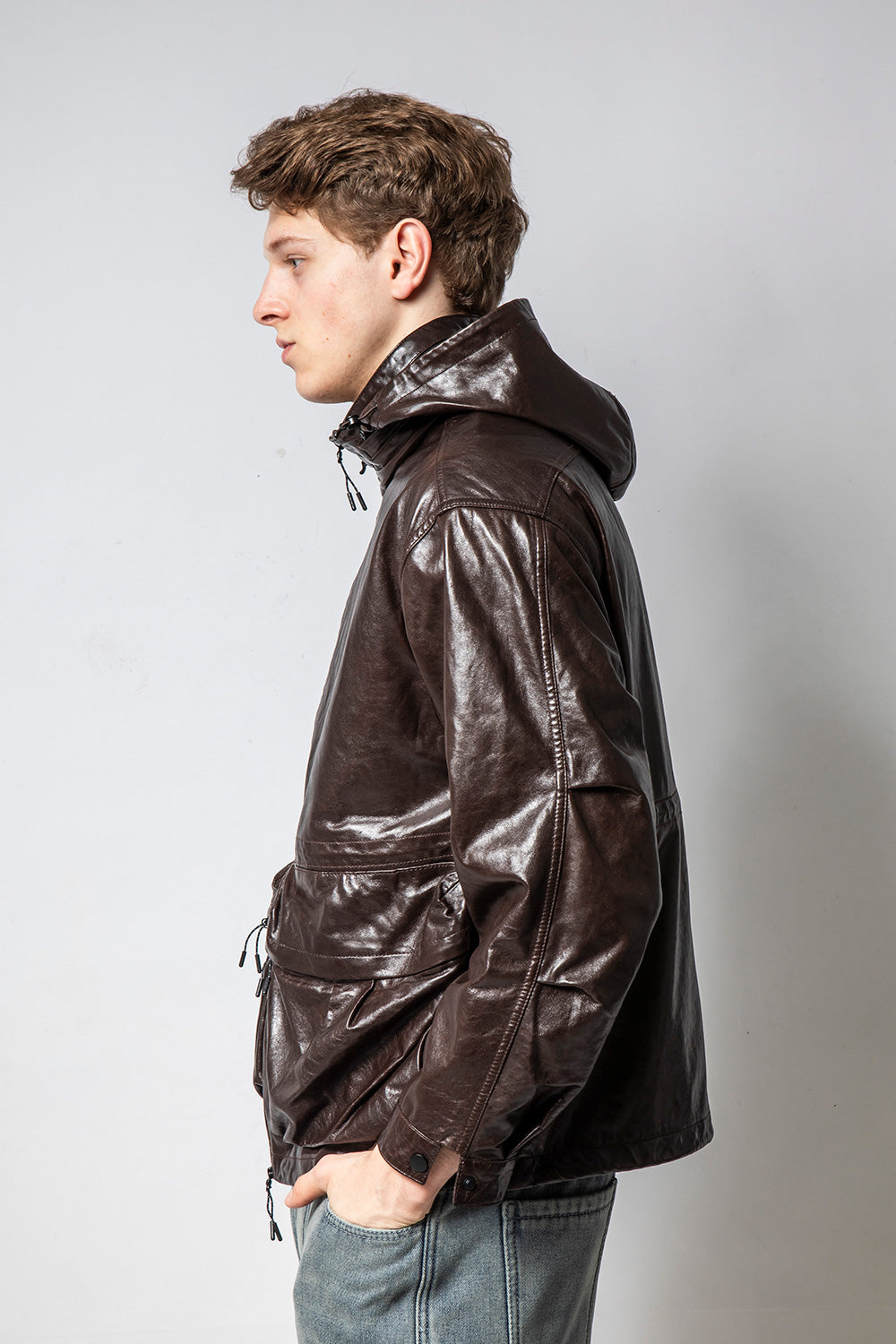 PHANTOM 連帽深咖亮皮羊皮外套