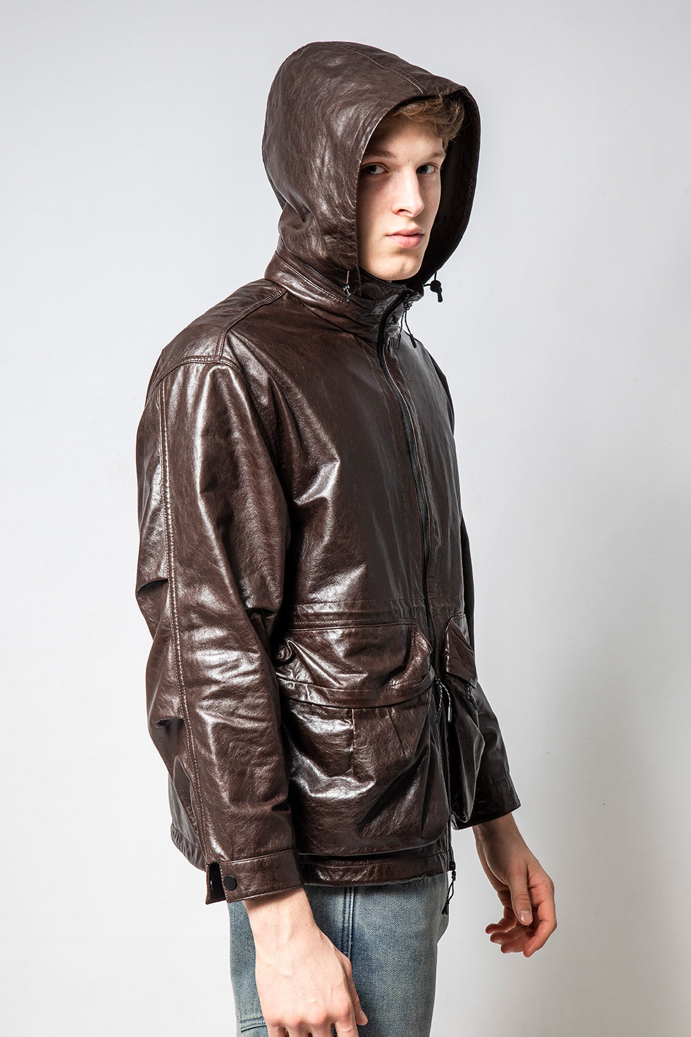 PHANTOM 連帽深咖亮皮羊皮外套