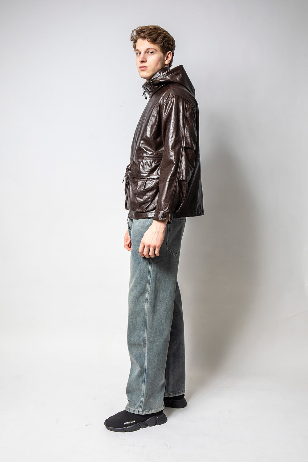 PHANTOM 連帽深咖亮皮羊皮外套