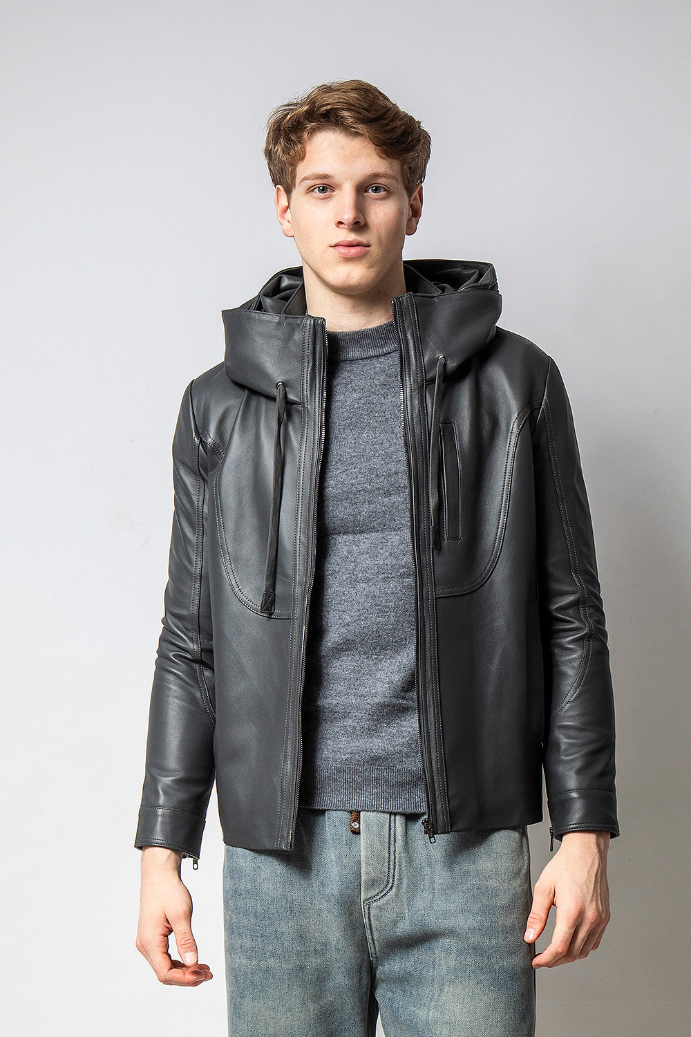HOODIE深灰裝飾帽款皮外套