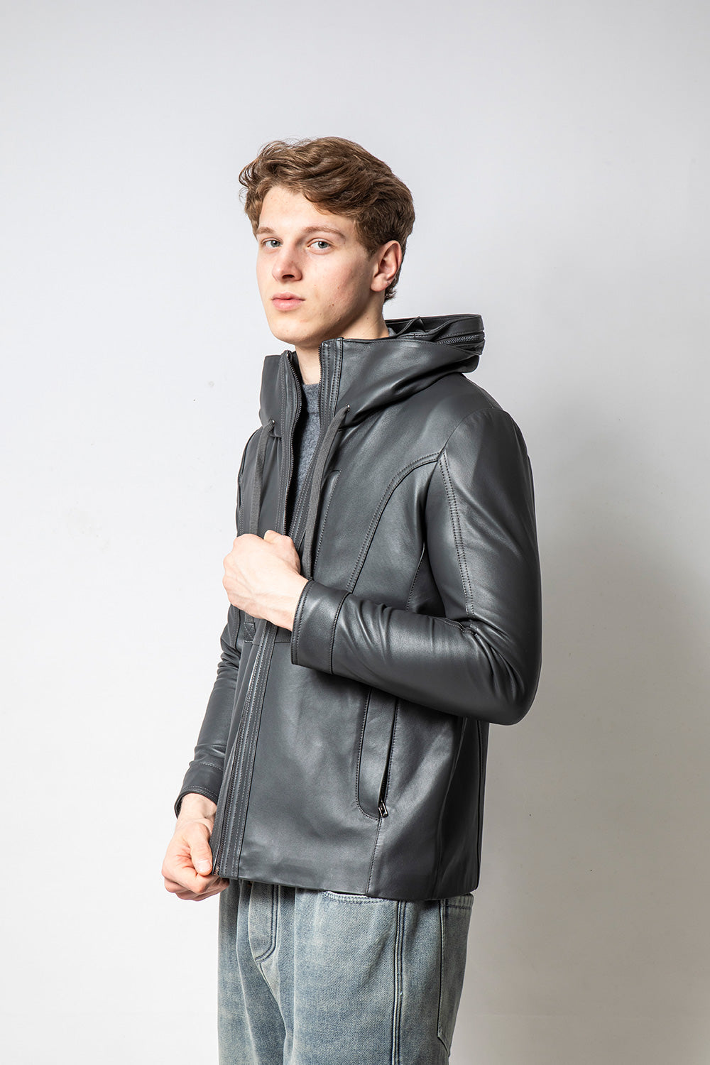 HOODIE深灰裝飾帽款皮外套