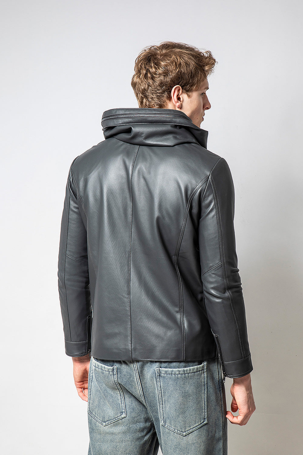 HOODIE深灰裝飾帽款皮外套