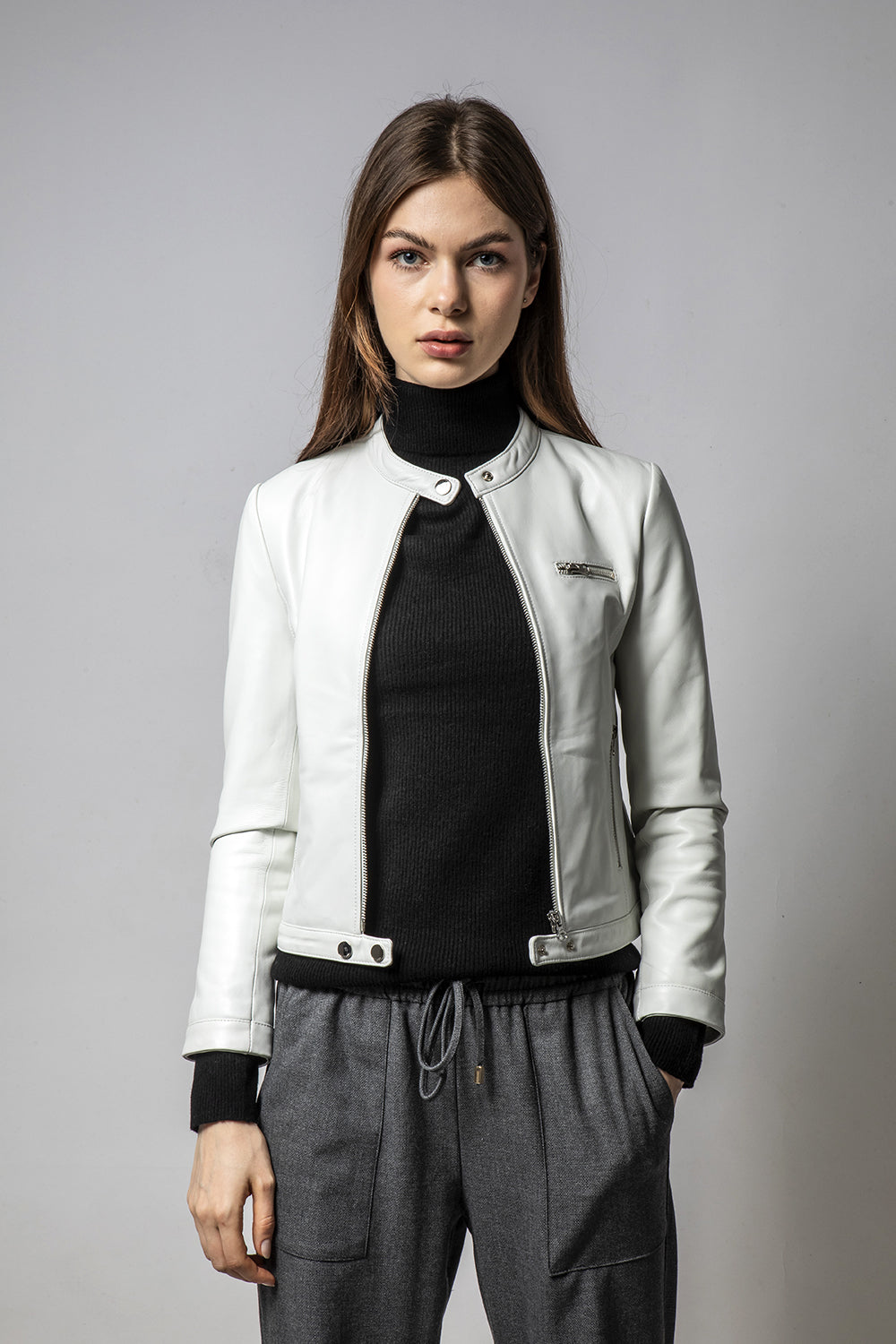 MINT粉白立領簡約皮外套