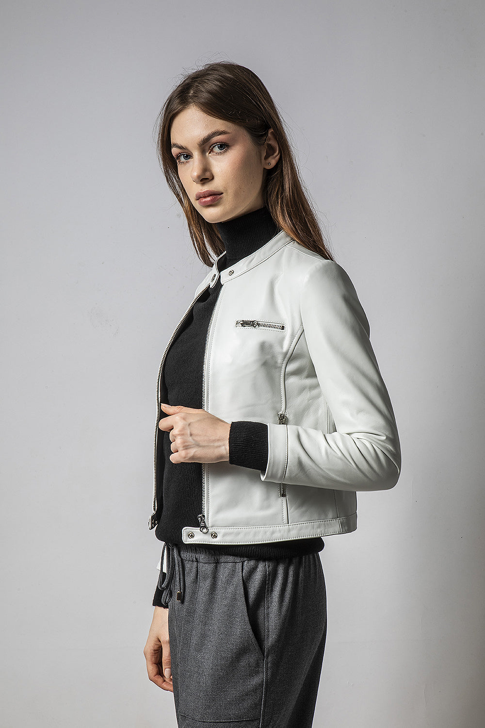 MINT粉白立領簡約皮外套