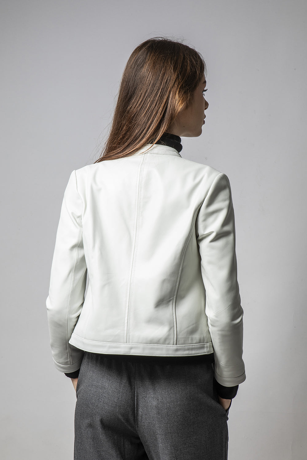 MINT粉白立領簡約皮外套