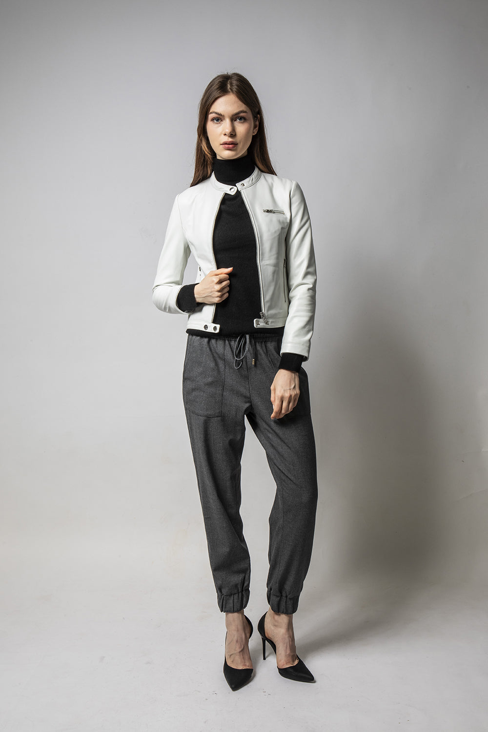 MINT粉白立領簡約皮外套