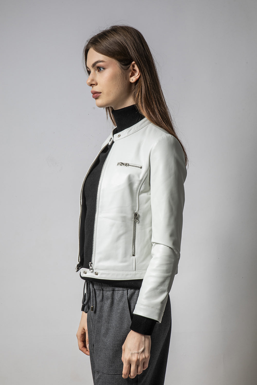 MINT粉白立領簡約皮外套