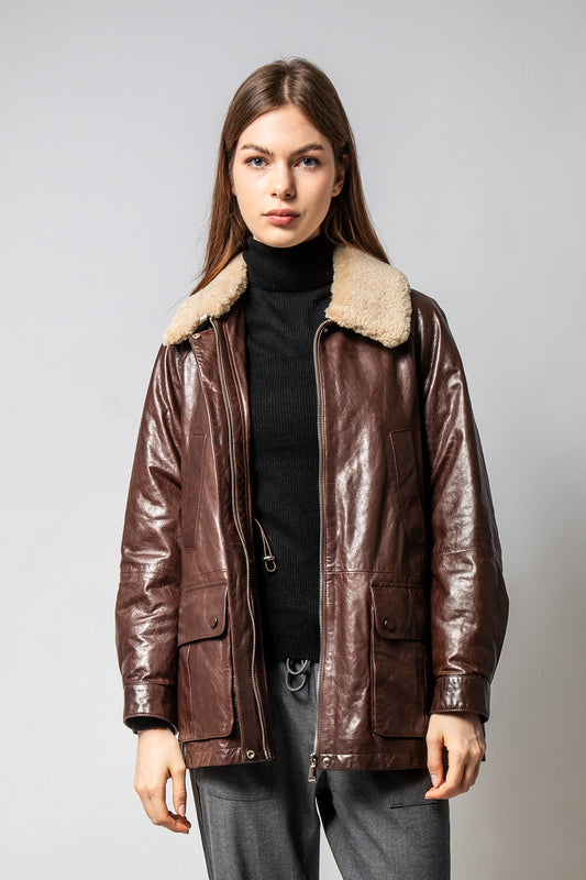 BOMBER 咖啡長版飛行夾克皮外套