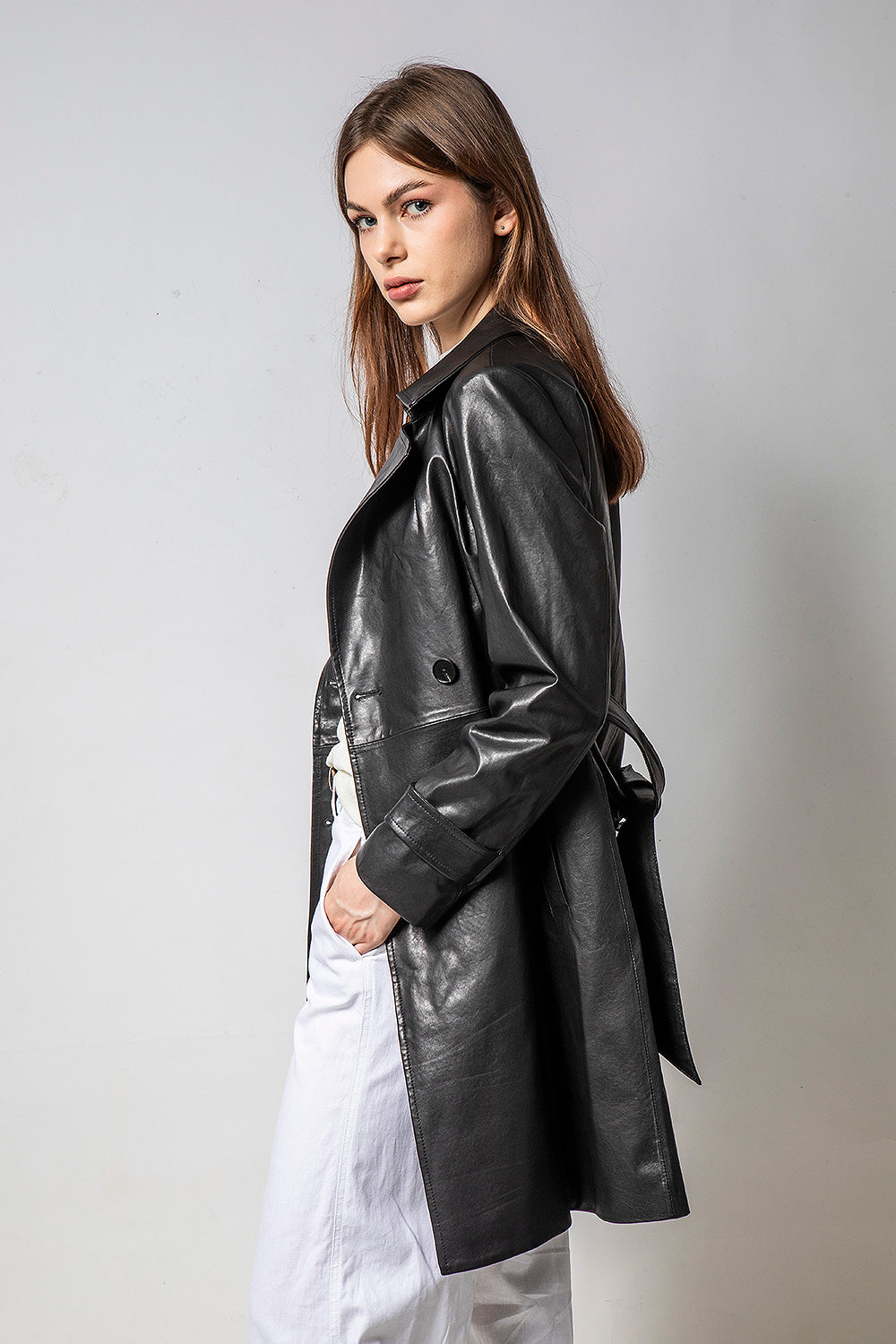 TRENCH 長版經典風衣皮外套