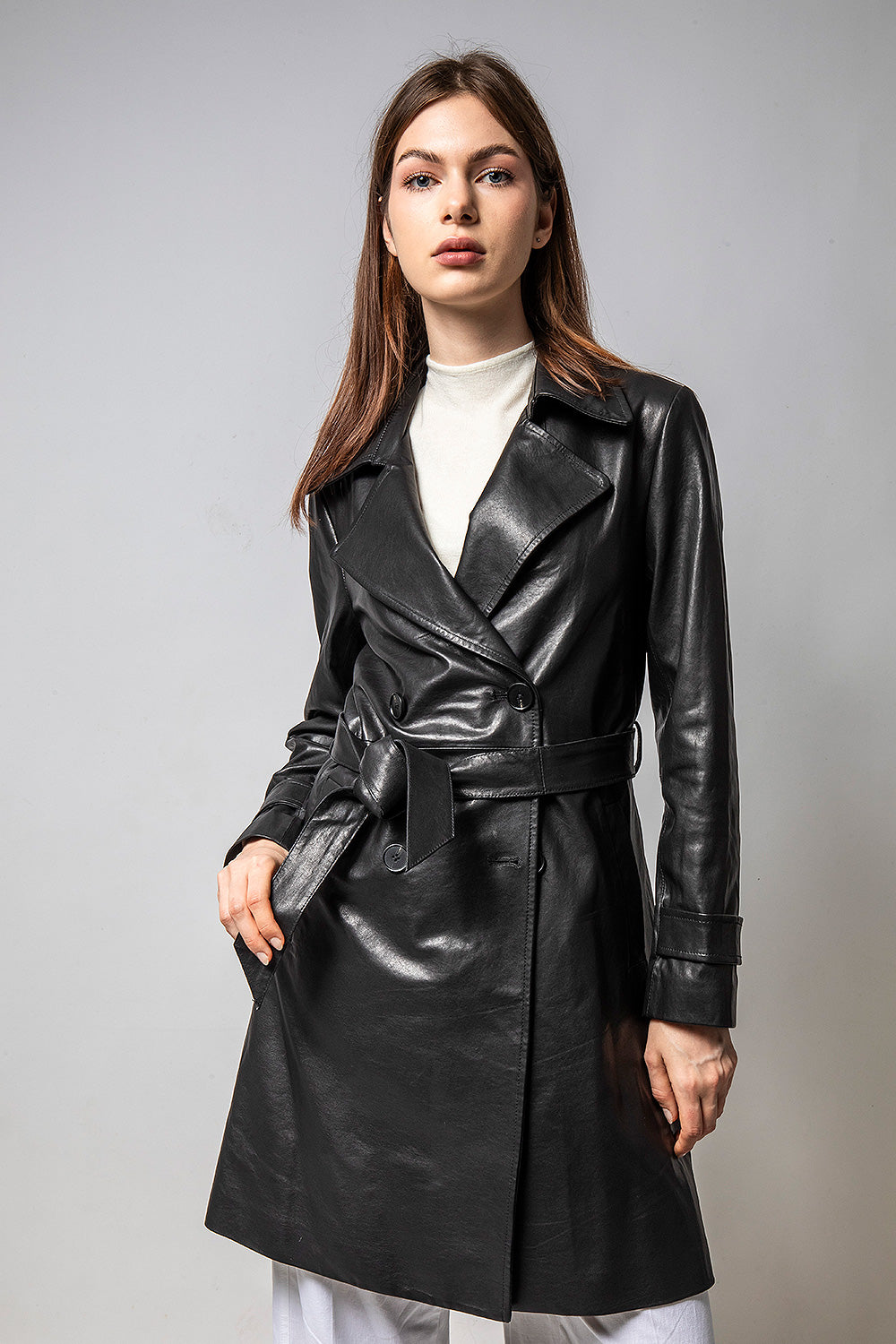 TRENCH 長版經典風衣皮外套